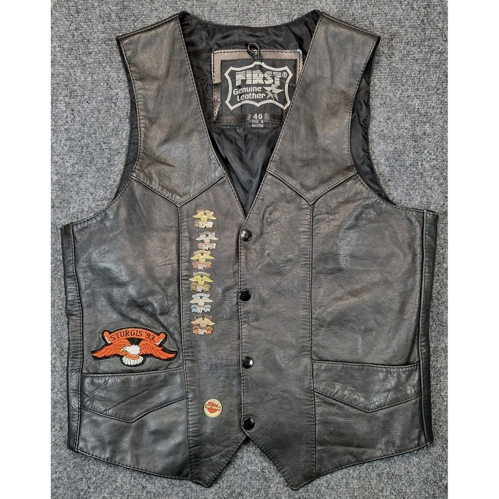 First Genuine Leather Vest Mens 40 Black Harley / Sturgis Biker Motorcycle